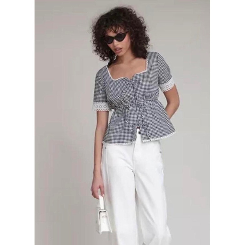 Bagatelle Collection‎ Gingham Lace Peplum Top Black White XL boho ren faire fair